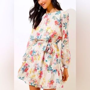 LOFT Floral Metallic Shimmer Flounce Dress, Size 6P, NWOT